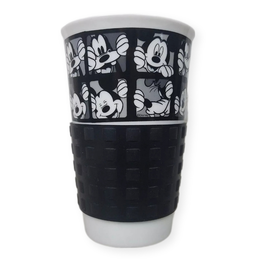 Disney Coffee Tumbler Mickey Goofy Black White Mug Silicone Sleeve No Lid 14oz.